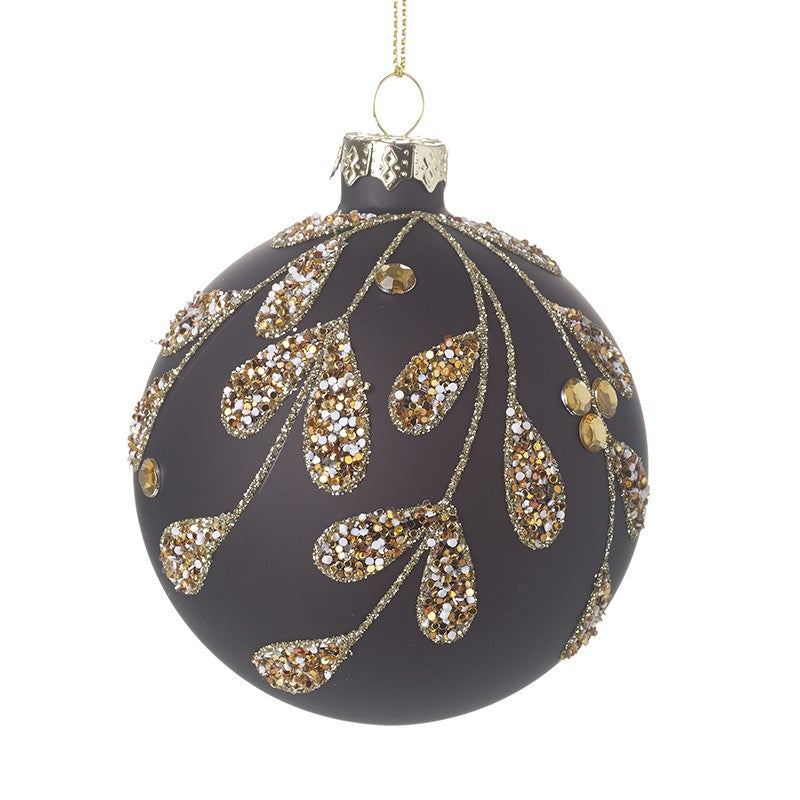 Black Glass Festive Christmas Bauble with Gold Glitter Leaves by Heaven Sends