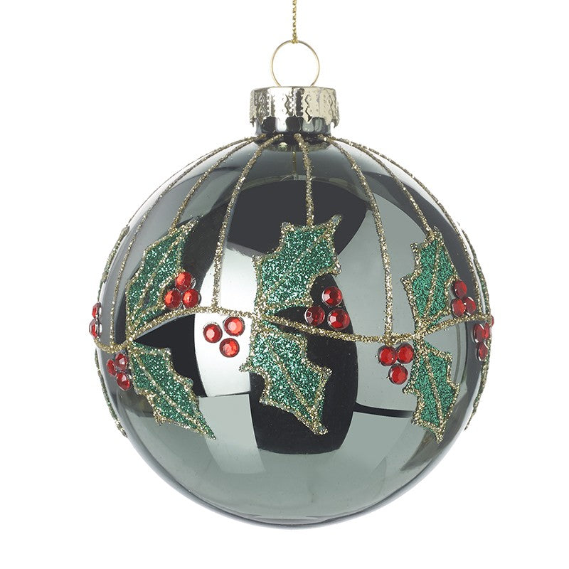 Green Glass Festive Bauble With Holly Design by Heaven Sends - Kate's Cupboard
