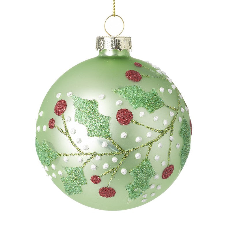 Green Glass Festive Christmas Bauble with Holly Detail Design by Heaven Sends