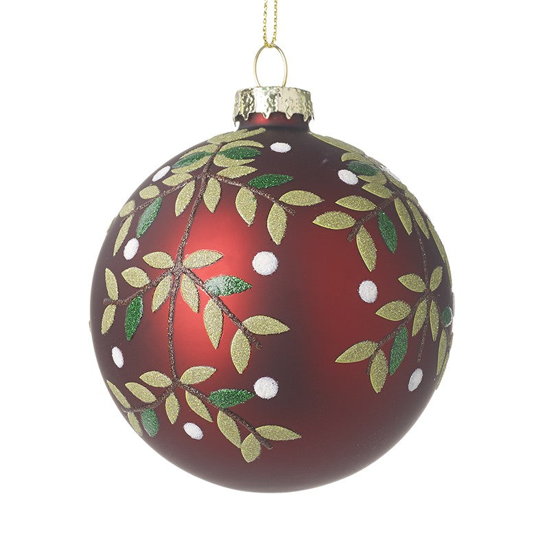 Deep Red Glass Festive Christmas Bauble with Glitter Leaves Details by Heaven Sends - Kate's Cupboard