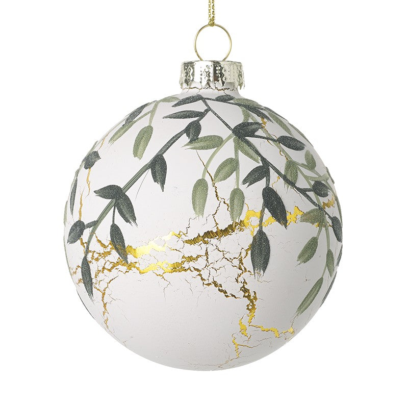 White Glass Festive Christmas Bauble with Green and Gold Details by Heaven Sends