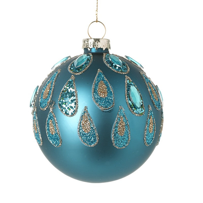 Peacock Blue Glass Festive Christmas Bauble with Glitter and Jewel Details by Heaven Sends