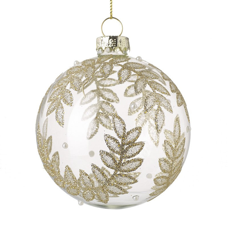 Clear Glass Festive Bauble with Gold Glitter Leaf Design by Heaven Sends - Kate's Cupboard