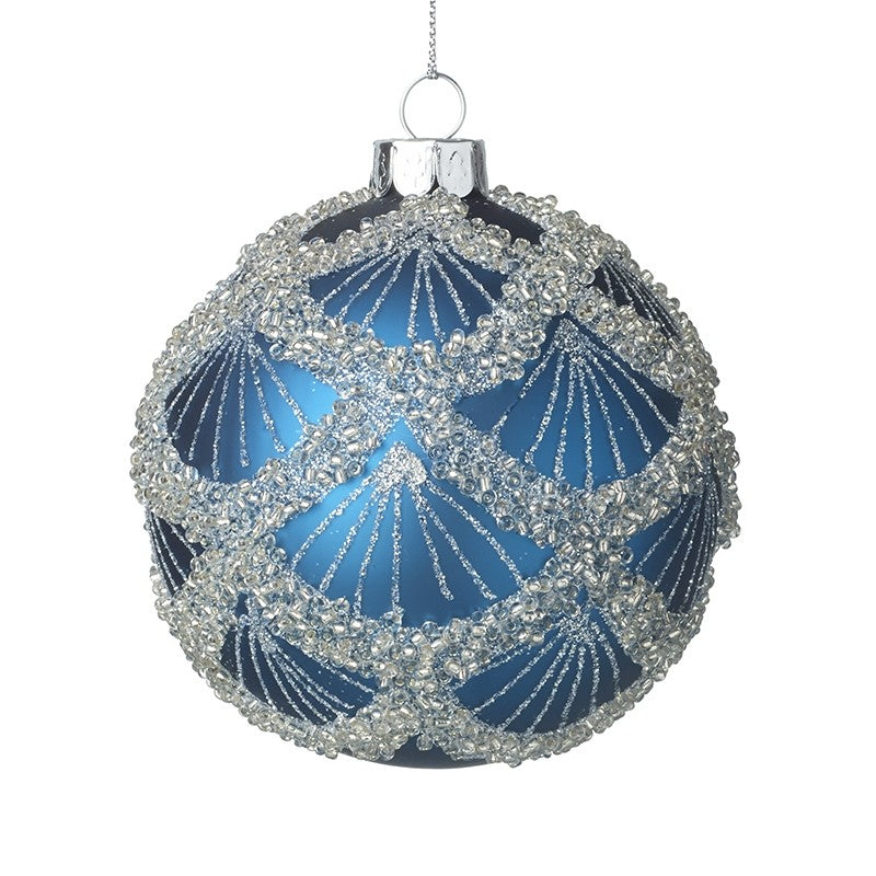Blue Glass Festive Bauble with Silver Glitter Leaf Design by Heaven Sends