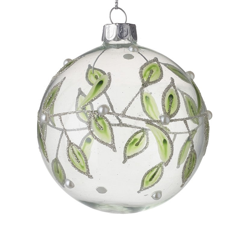 Glass Decorative Festive Bauble with Green Leaf and Pearl Detail