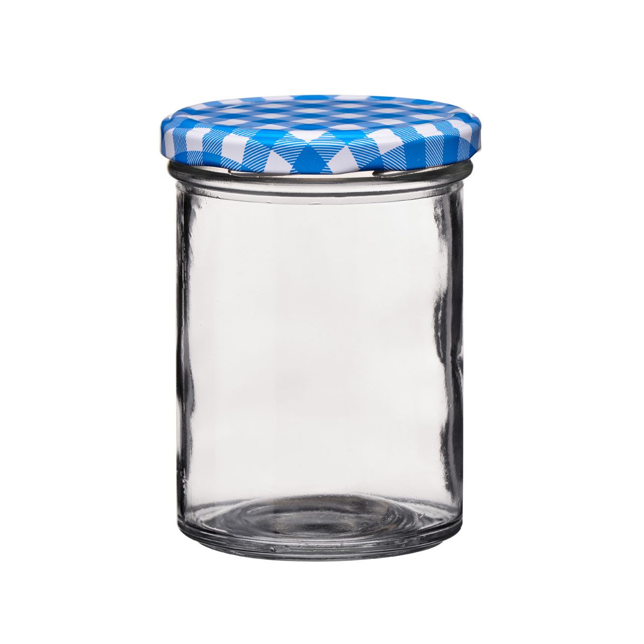 Clear Glass Preserve / Jam Jar with Blue Gingham Twist off Lid 330ml