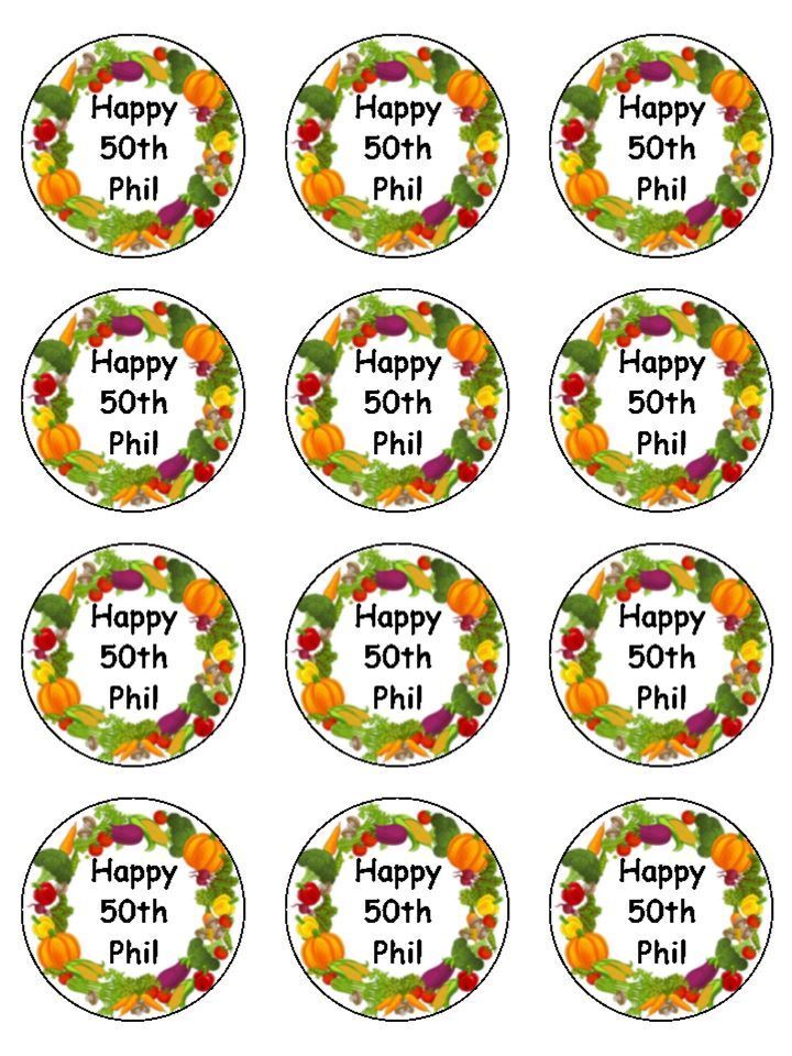 Personalised Fruit and veg allotment Edible Printed Cupcake Toppers Icing Sheet of 12 Toppers