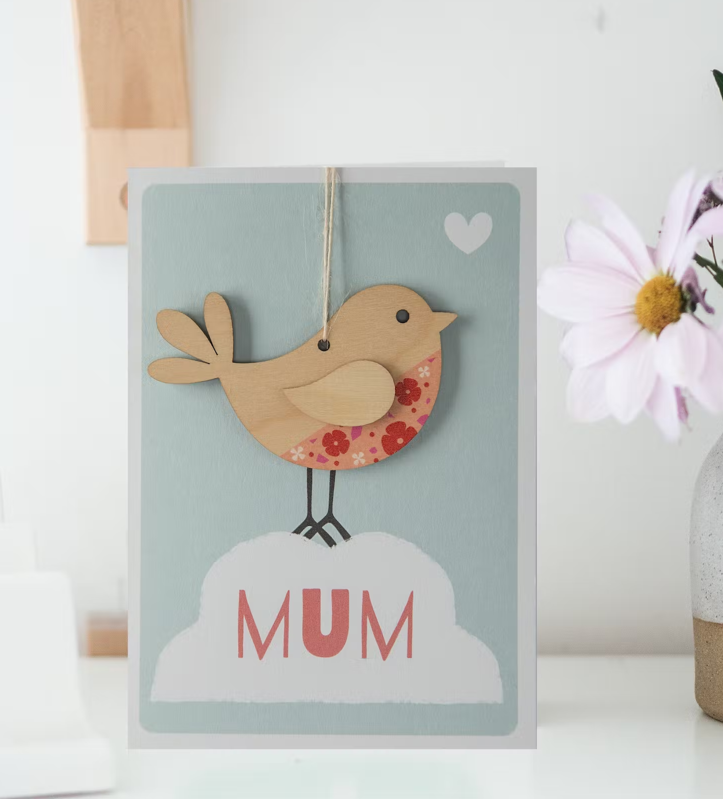 Greeting Card with Envelope -  Mum with Wooden Keepsake Bird - Perfect for Birthdays or Mother's Day