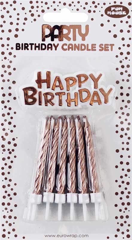 Pack of 12 Candles with Matching Happy Birthday Motto Cake Decoration - Rose Gold