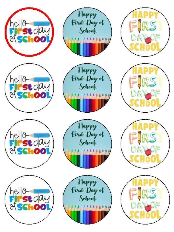First Day of School Hello 1st Day Sport Printed Cupcake Toppers Icing Sheet of 12 Toppers