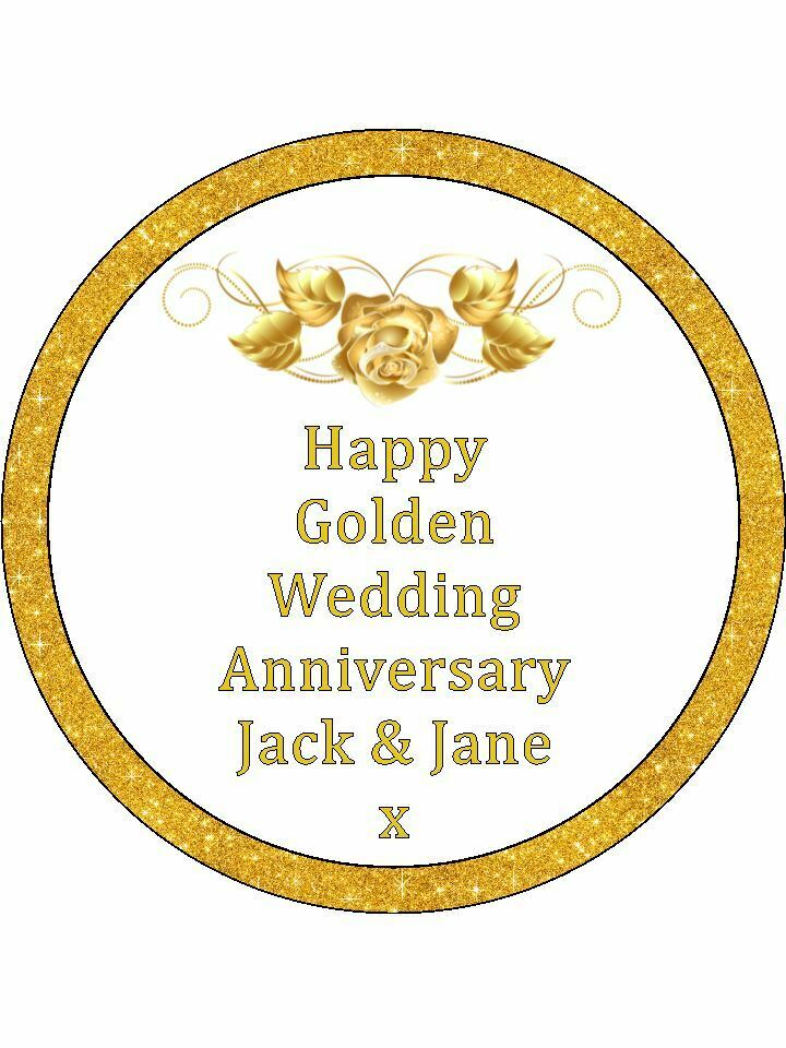 Golden 50th Wedding anniversary Personalised Edible Cake Topper Round Icing - The Cooks Cupboard Ltd