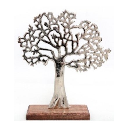 Metal Silver Tree of Life Decorative Ornament on Wooden Base