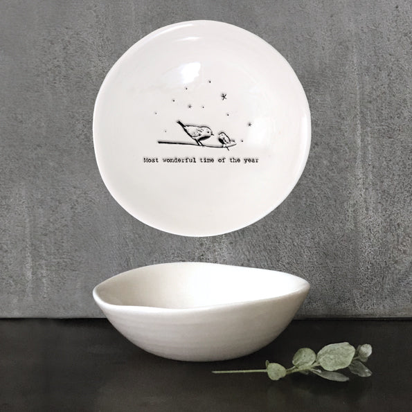 'Wobbly' White China Robin Themed 'Most Wonderful Time of the Year' Treat Bowl - Kate's Cupboard