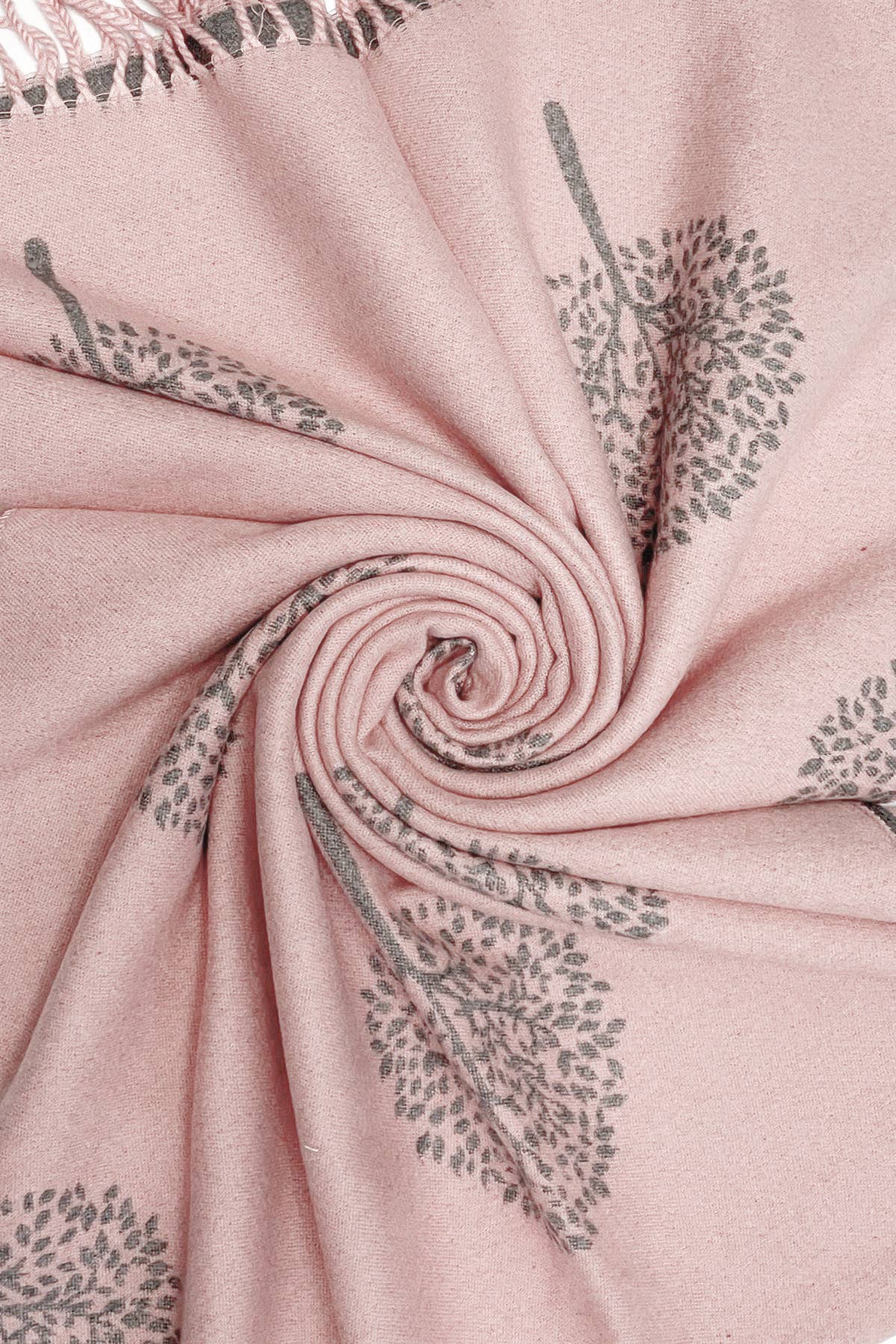 Light Pink and Soft Grey Tree Print Reversible Tassel Scarf