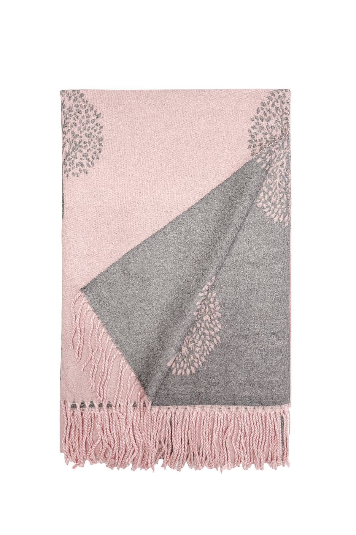 Light Pink and Soft Grey Tree Print Reversible Tassel Scarf