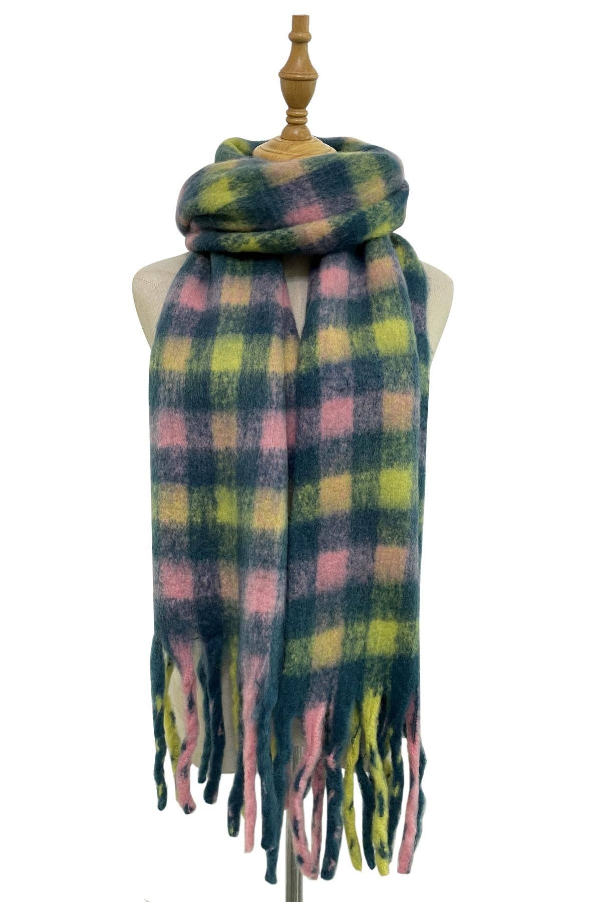 Pink and Yellow Soft Check Blanket Wrap Tassel Scarf