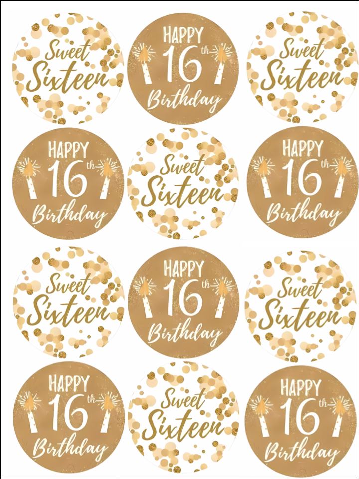 sweet 16 16th birthday gold tone edible printed Cupcake Toppers Icing Sheet of 12 Toppers