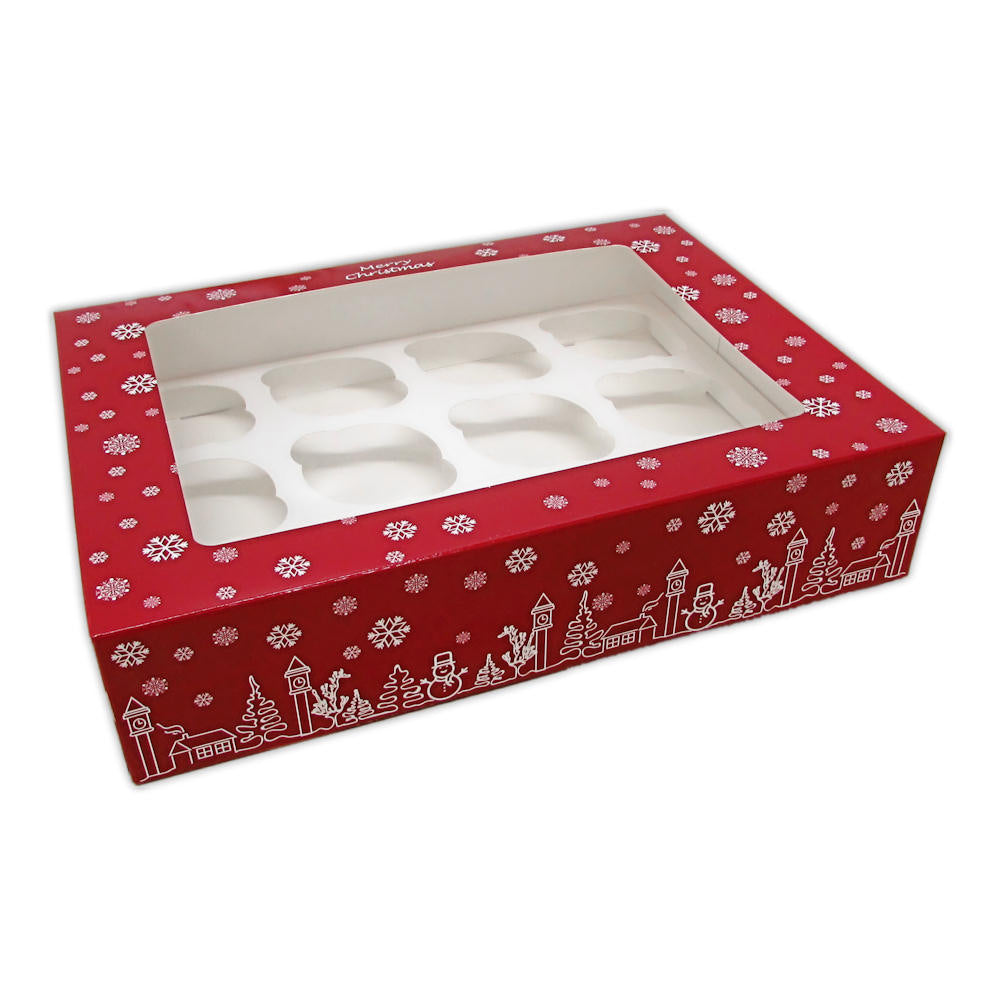 Christmas Scene Red Cupcake Box - 12 Cavity