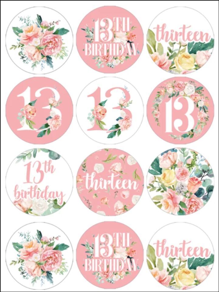 Age 13 13th birthday pretty pink Edible Printed Cupcake Toppers Icing Sheet of 12 Toppers