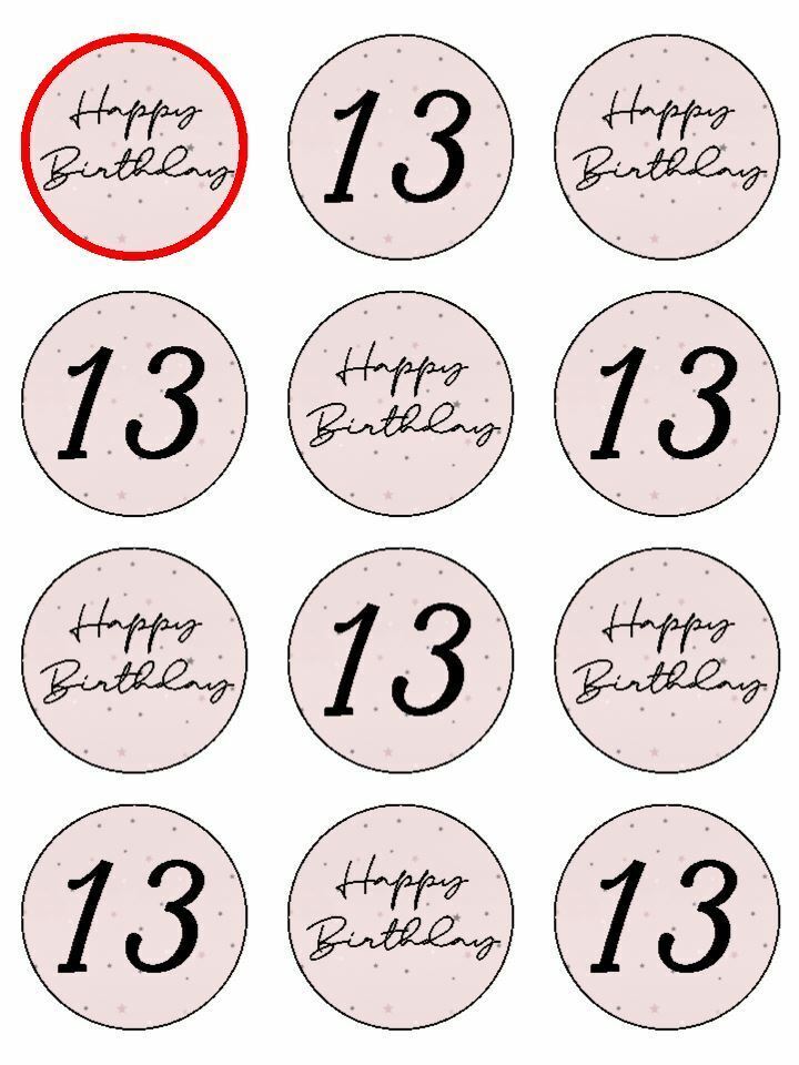 Happy Birthday Pale Pink 13th 13 edible printed Cupcake Toppers Icing Sheet of 12 Toppers