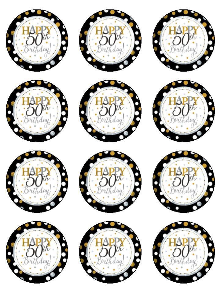 50th Birthday black & gold edible printed Cupcake Toppers Icing Sheet of 12 Toppers