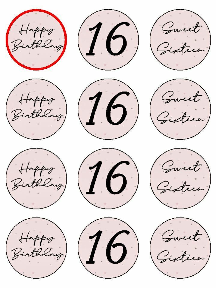 Happy Birthday Sweet Sixteen 16th 16 edible printed Cupcake Toppers Icing Sheet of 12 Toppers