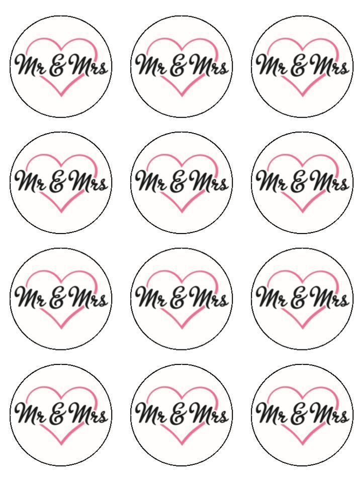 Mr and Mrs Wedding love heart couple edible printed Cupcake Toppers Icing Sheet of 12 Toppers
