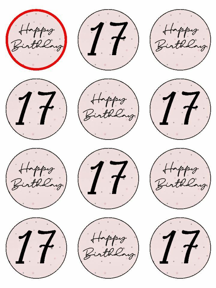 Happy Birthday pale pink 17th 17 edible printed Cupcake Toppers Icing Sheet of 12 Toppers