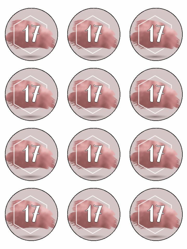 Pink rose gold 17th birthday edible printed Cupcake Toppers Icing Sheet of 12 Toppers