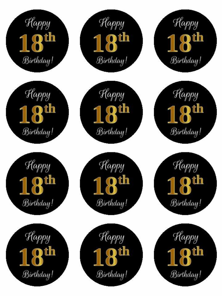 18th 18 birthday black gold Edible Printed Cupcake Toppers Icing Sheet of 12 Toppers