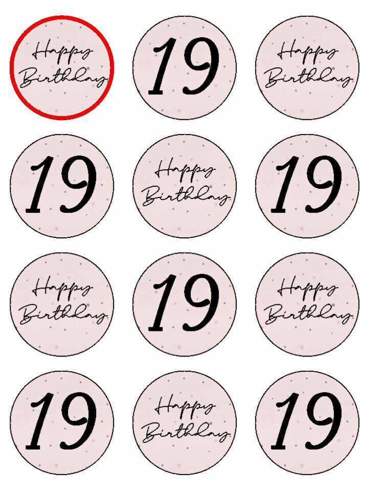 Happy Birthday pale Pink 19th 19 Printed edible printed Cupcake Toppers Icing Sheet of 12 Toppers