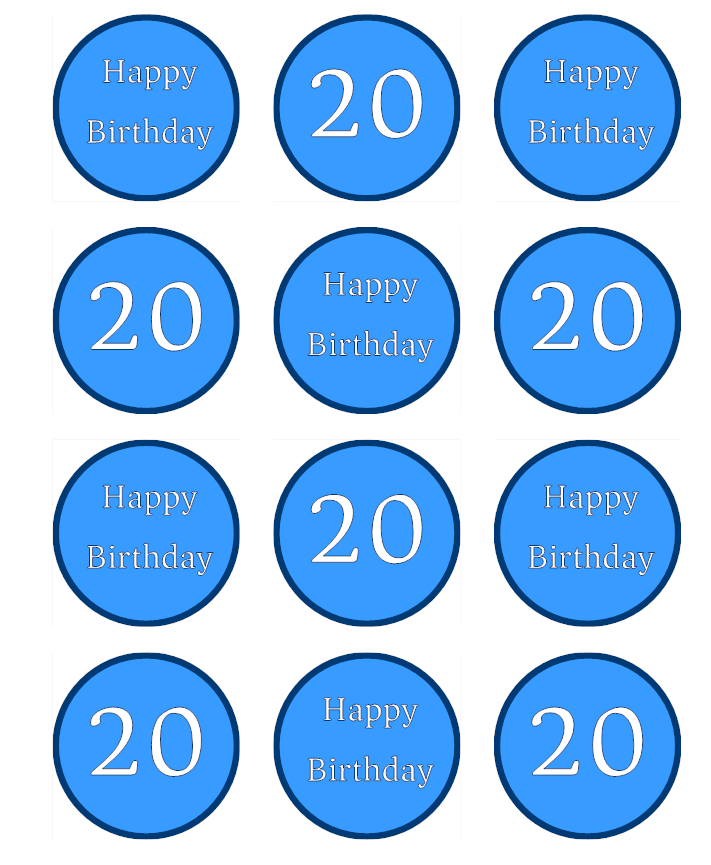 Blue Happy 20th Birthday Age 20 Edible Printed Cupcake Toppers Icing Sheet of 12 Toppers