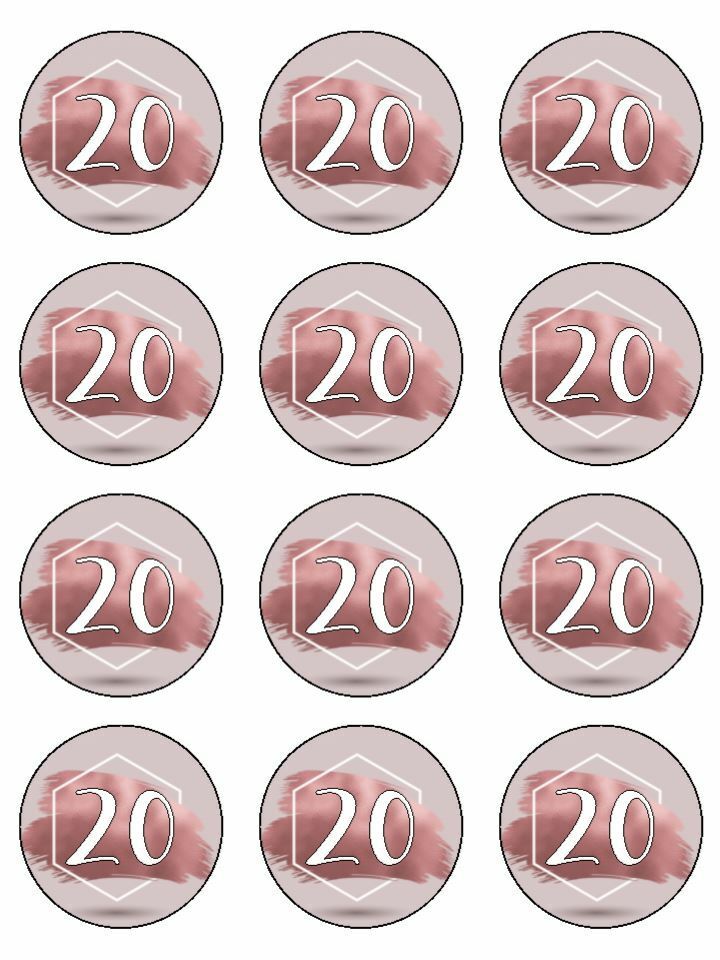 Pink rose gold 20th birthday edible printed Cupcake Toppers Icing Sheet of 12 Toppers