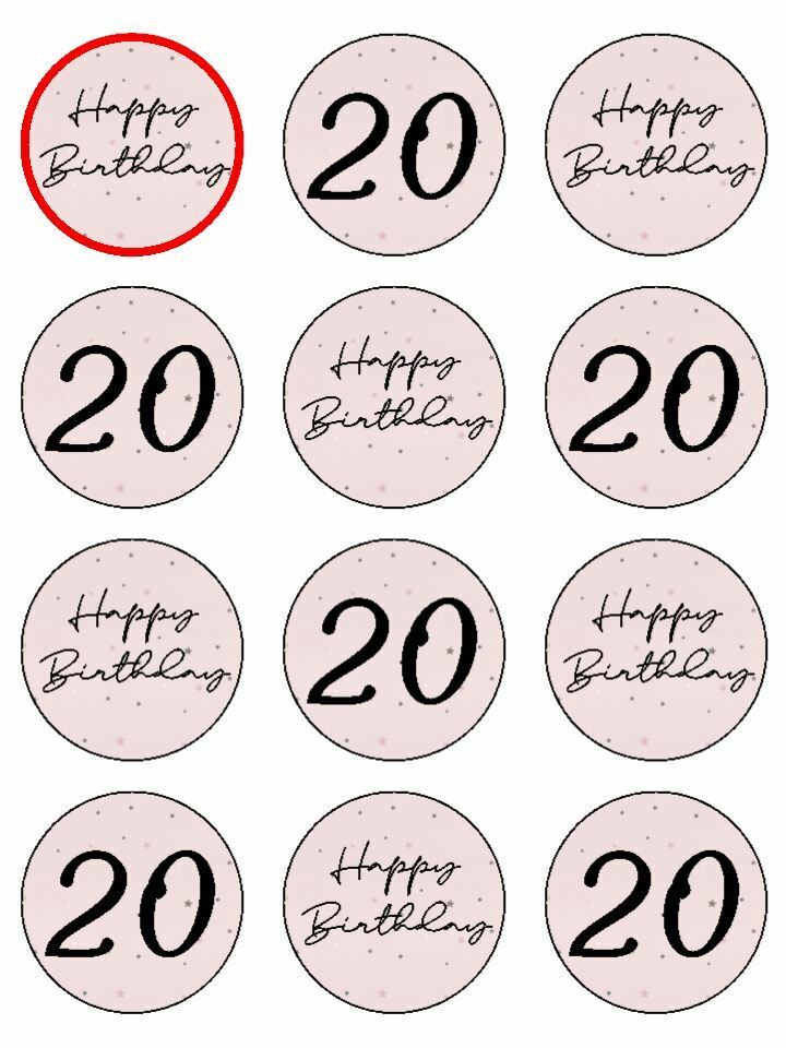 Happy Birthday pale Pink 20th 20 Printed edible printed Cupcake Toppers Icing Sheet of 12 Toppers