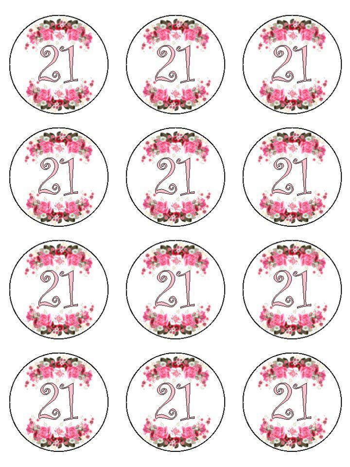 floral age 21 birthday 21st  edible Printed Cupcake Toppers Icing Sheet of 12 Toppers