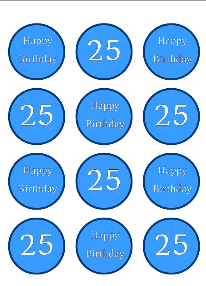 Blue Happy 25th Birthday Age 25  Edible Printed Cupcake Toppers Icing Sheet of 12 Toppers