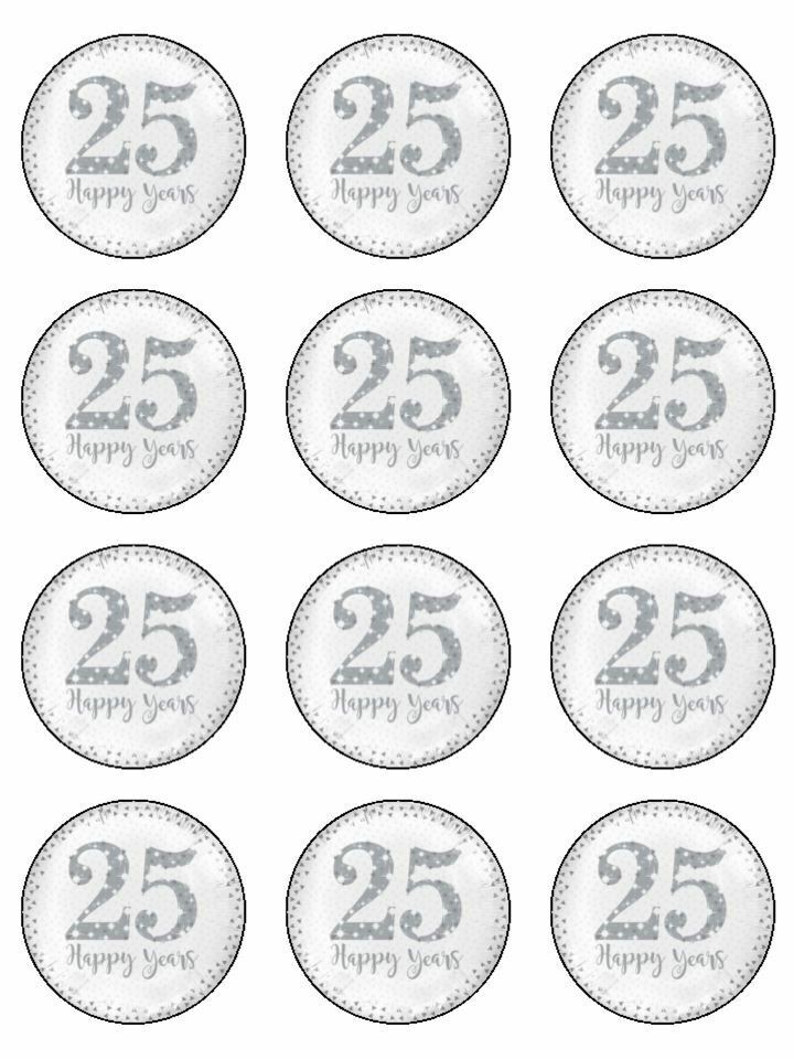 Happy Anniversary 25th 25 Happy Years edible printed Cupcake Toppers Icing Sheet of 12 Toppers