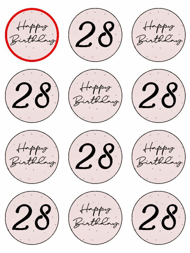 Happy Birthday Pale Pink 28th 28 edible printed Cupcake Toppers Icing Sheet of 12 Toppers