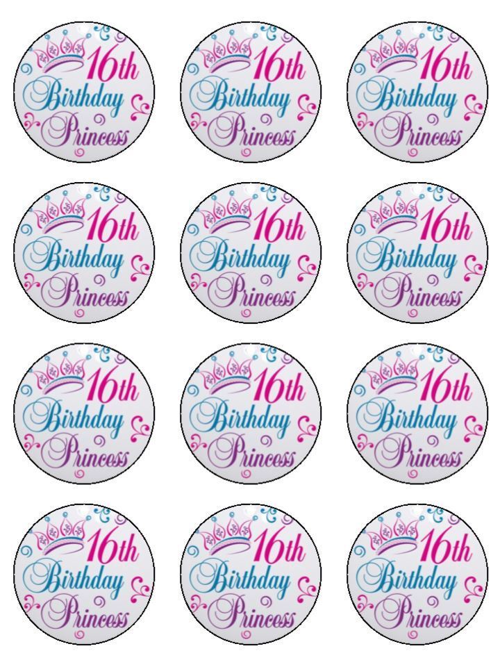 16th Birthday princess edible printed Cupcake Toppers Icing Sheet of 12 Toppers