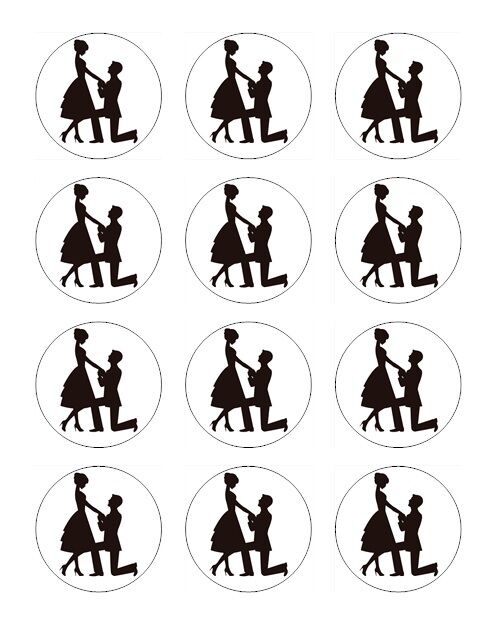 Engagement Proposal Silhouette edible  printed Cupcake Toppers Icing Sheet of 12 Toppers