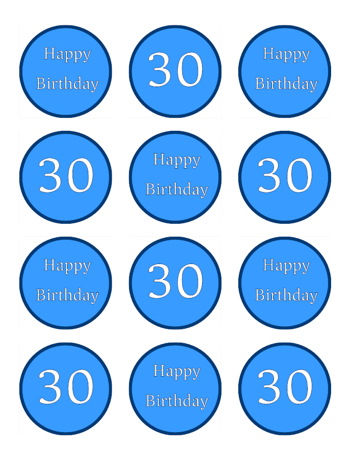 Blue Happy 30th Birthday Age 30 Edible Printed Cupcake Toppers Icing Sheet of 12 Toppers