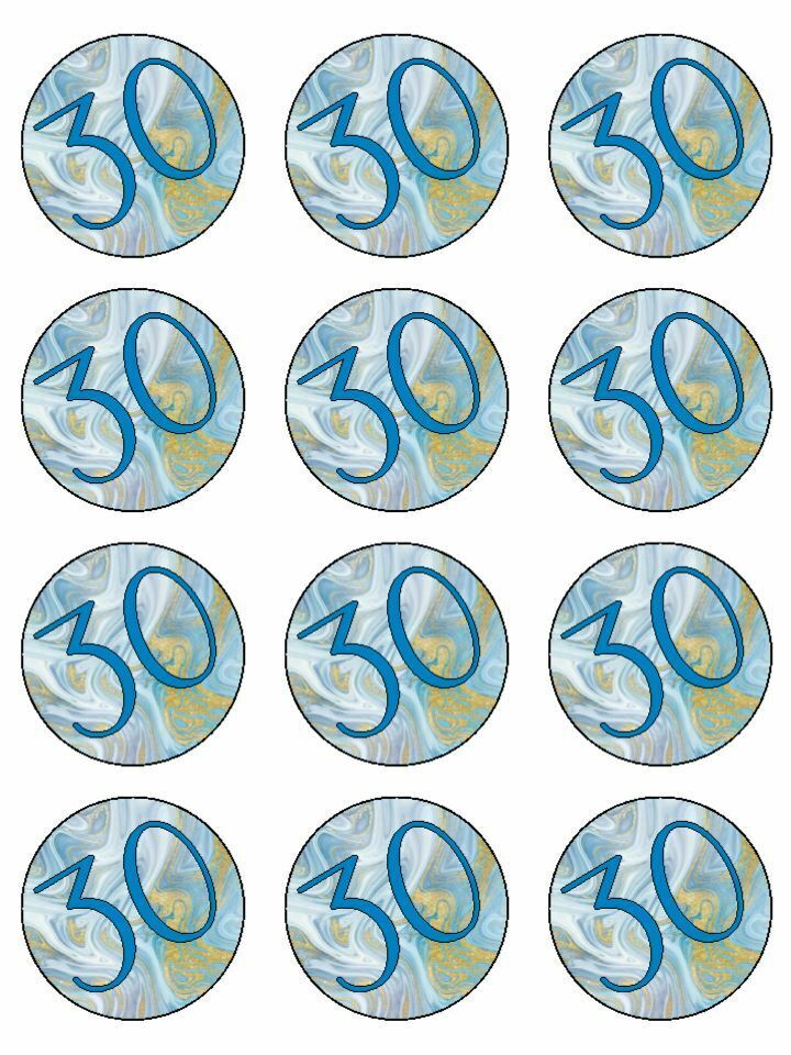 Age 30 30th birthday blue edible printed Cupcake Toppers Icing Sheet of 12 Toppers