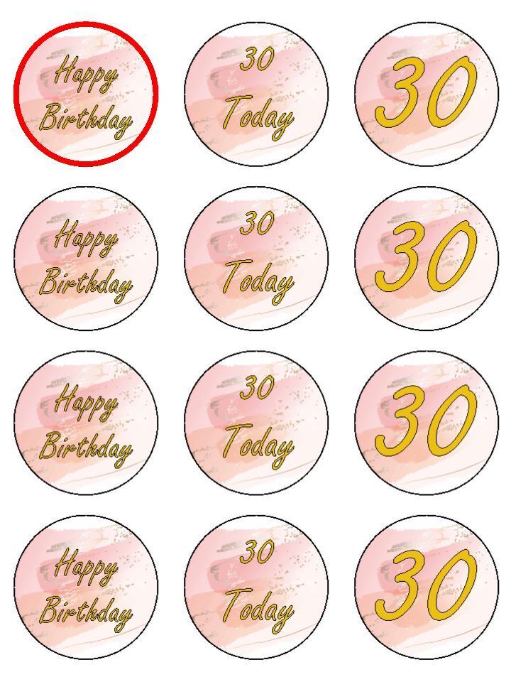 30th happy birthday blush pink 30 today Edible Printed Cupcake Toppers Icing Sheet of 12 Toppers