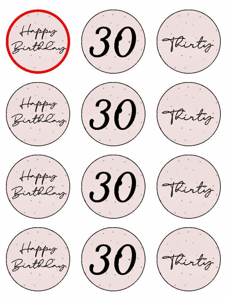 Happy Birthday Thirty 30th 30 edible printed Cupcake Toppers Icing Sheet of 12 Toppers