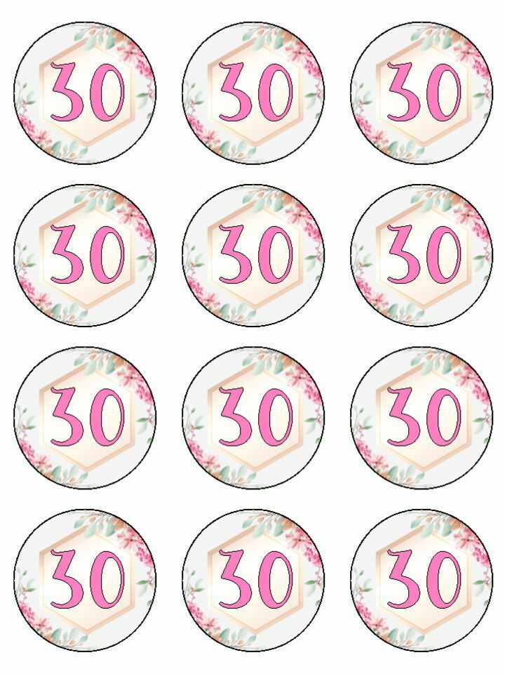 floral flowers pink 30th birthday Edible Printed Cupcake Toppers Icing Sheet of 12 Toppers