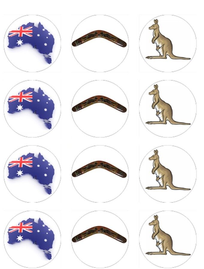 Australian Australia theme edible  printed Cupcake Toppers Icing Sheet of 12 Toppers