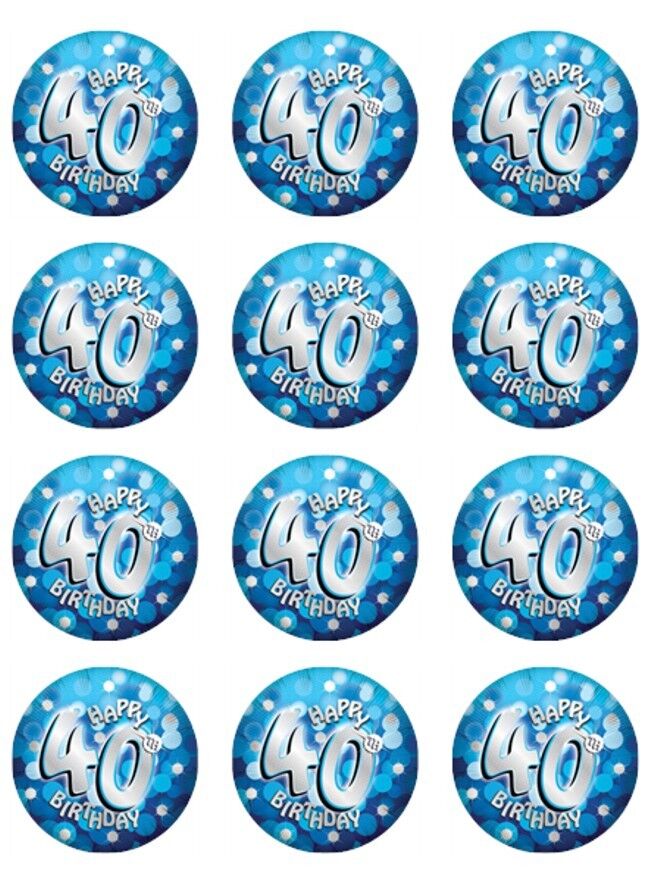 Happy 40th Birthday Blue  edible  printed Cupcake Toppers Icing Sheet of 12 Toppers