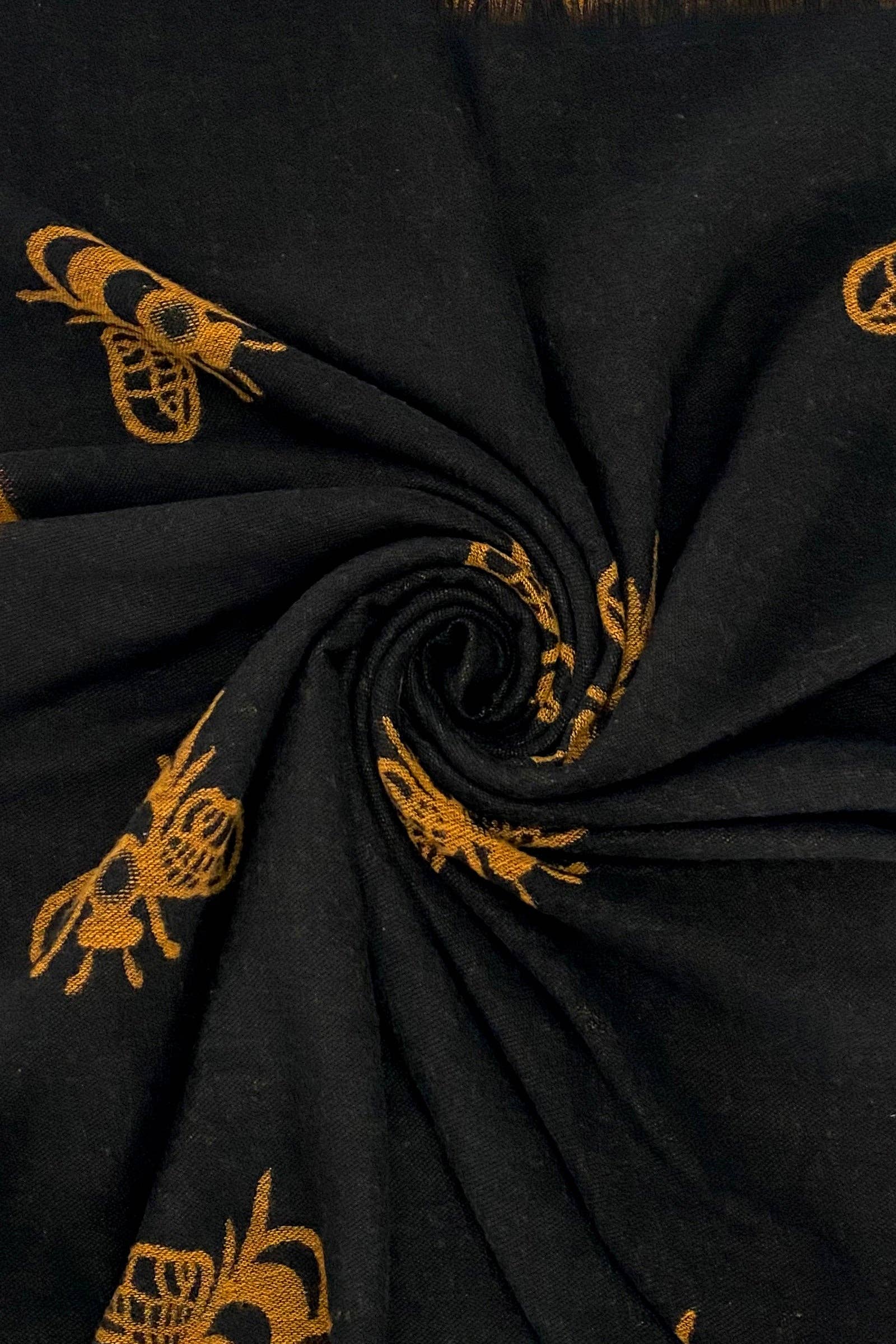 Reversible Soft Black and Mustard Bee Print Frayed Edge Scarf