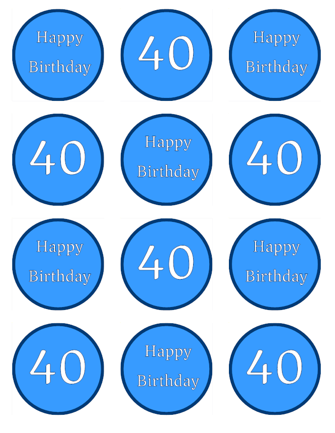 Blue Happy 40th Birthday Age 40 Edible Printed Cupcake Toppers Icing Sheet of 12 Toppers