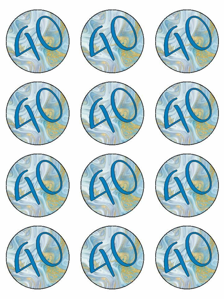 Age 40 40th birthday blue gold edible printed Cupcake Toppers Icing Sheet of 12 Toppers